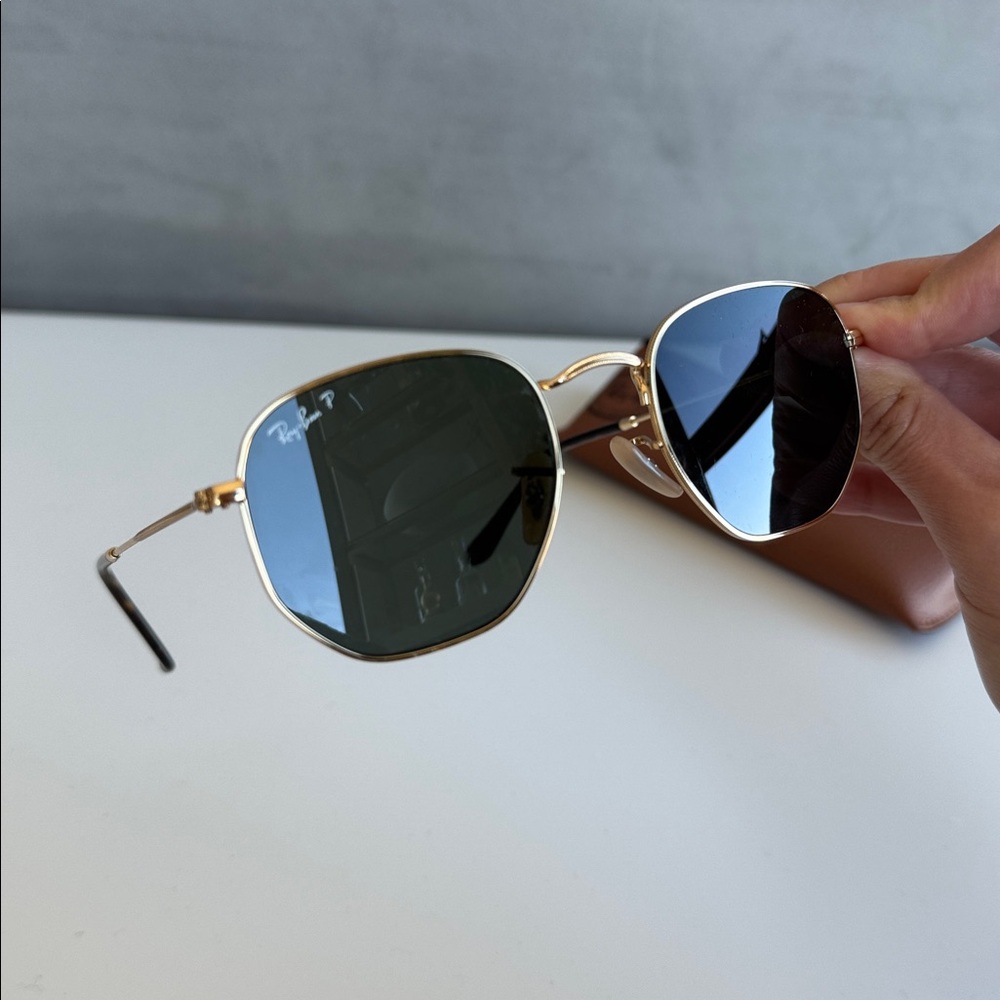 Ray-Ban Polarized Hexagonal Sunglasses in Gold and Green - Picture 3 of 12
